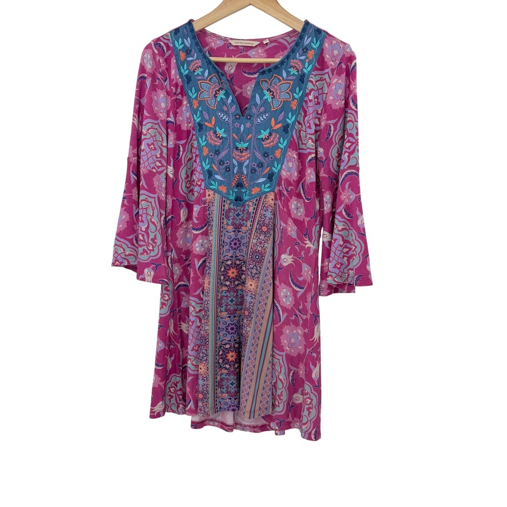 Soft Surroundings Women's Tunic Pink Purple Embroidered Floral Boho Festival‎ - Picture 2 of 10